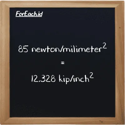 How to convert newton/milimeter<sup>2</sup> to kip/inch<sup>2</sup>: 85 newton/milimeter<sup>2</sup> (N/mm<sup>2</sup>) is equivalent to 85 times 0.14504 kip/inch<sup>2</sup> (ksi)